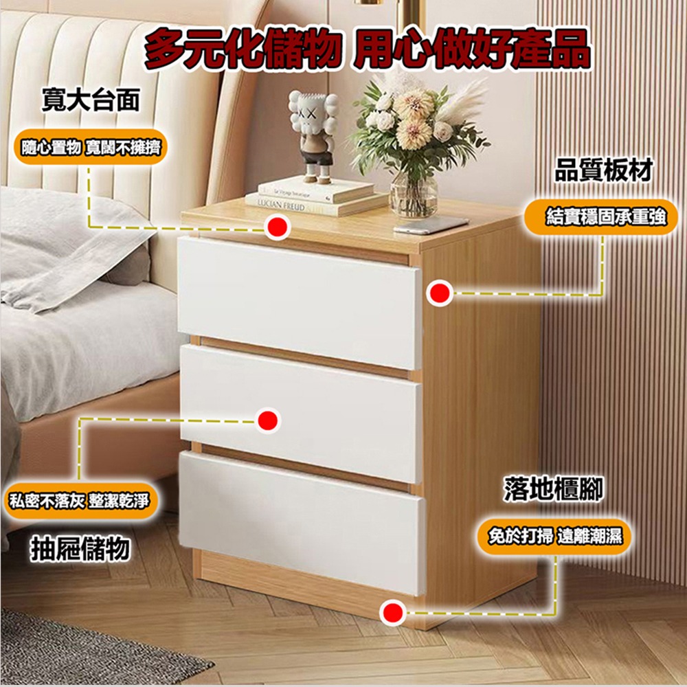 【台灣現貨 433】 北歐床頭櫃 三層斗櫃 床邊櫃 收納櫃 抽屜櫃 小櫃子 床邊桌 免運 可貨到付款-細節圖2