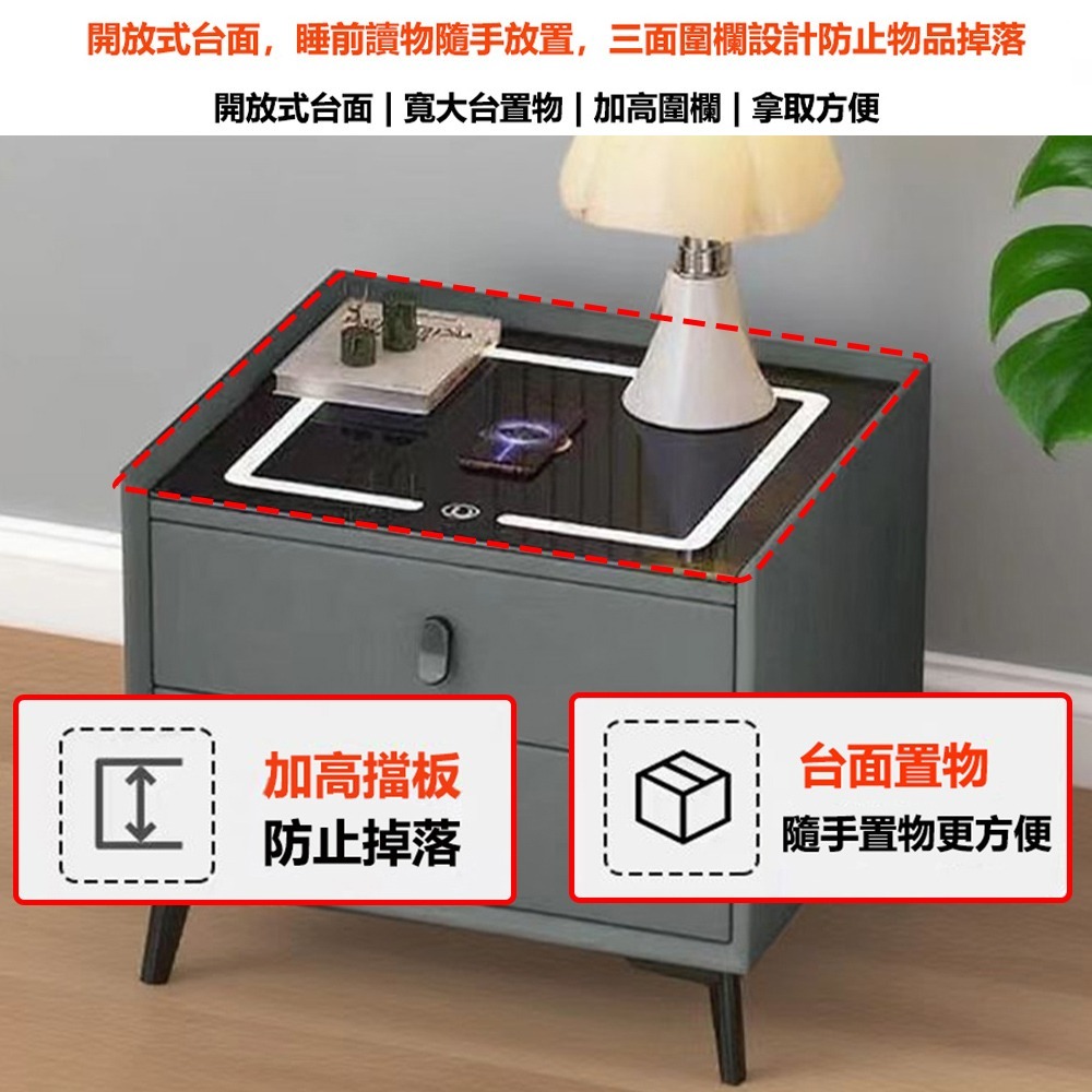 【E家工廠217】免組裝智能床頭櫃 帶無線充電 多功能床邊櫃 抽屜櫃 臥室床頭櫃 45公分雙抽床頭櫃 免運-細節圖3