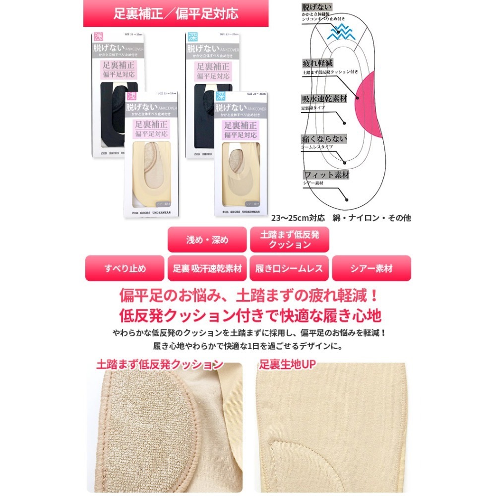 日本 扁平足適用 隱形襪 膚色 足弓加強 止滑不易脫落 23-25公分-細節圖6