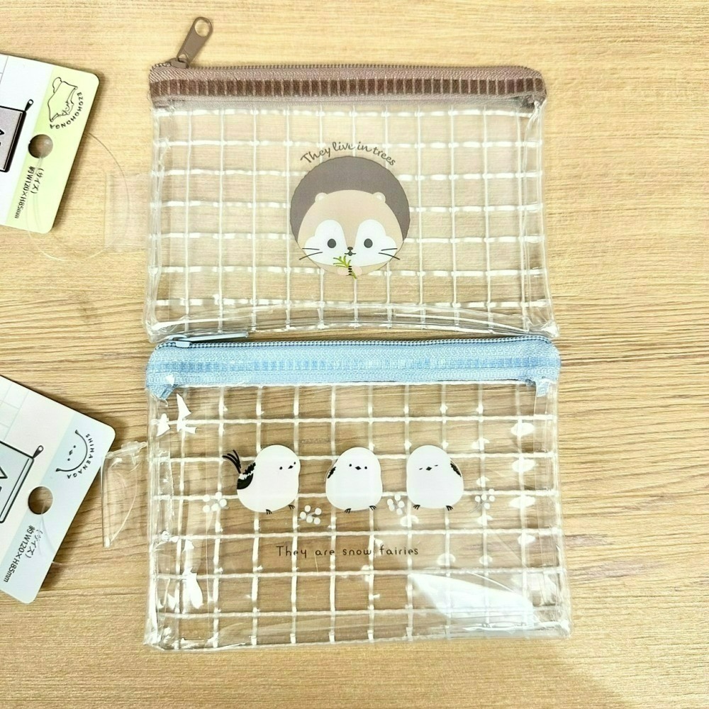 日本 Seria 百元商店 長尾山雀  ezomomonga 蝦夷鼯鼠 拉鍊透明網格收納袋 零錢包 夾鏈袋 小物收納-細節圖4