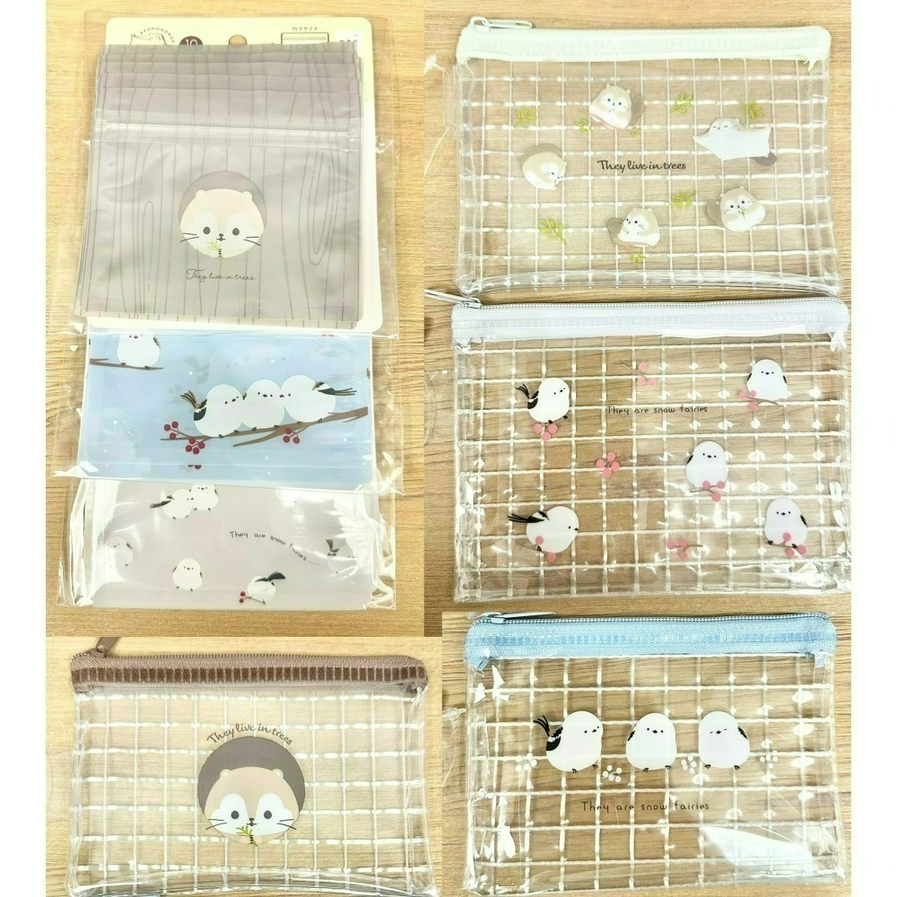 日本 Seria 百元商店 長尾山雀  ezomomonga 蝦夷鼯鼠 拉鍊透明網格收納袋 零錢包 夾鏈袋 小物收納-細節圖2