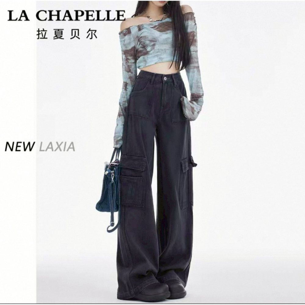 拉夏貝爾 La Chapelle 美式工裝褲 水泥灰 size S 高腰闊腿褲 小個子適穿-細節圖4