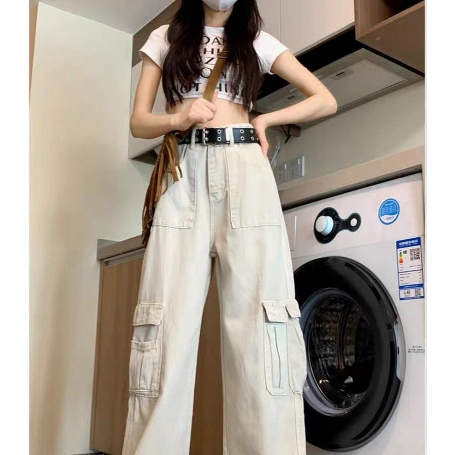 拉夏貝爾 La Chapelle 美式工裝褲 水泥灰 size S 高腰闊腿褲 小個子適穿-細節圖7