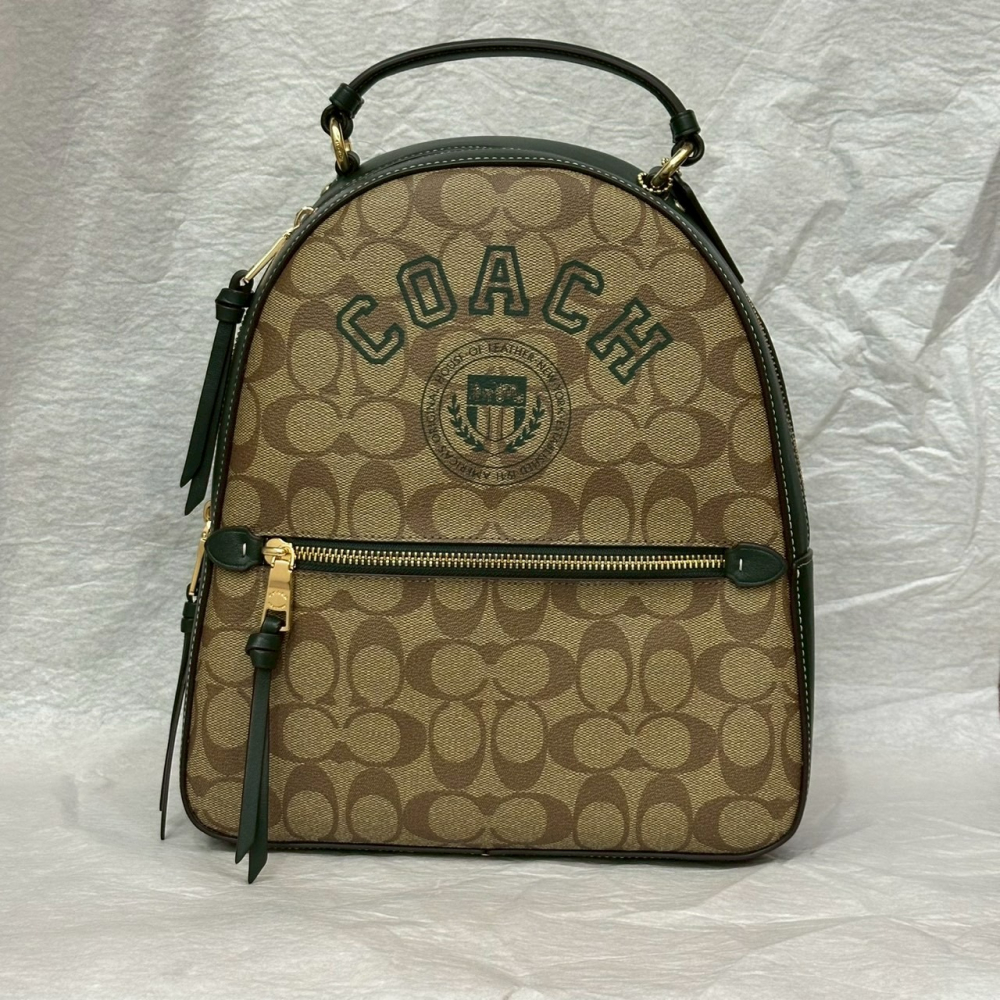 美國 Coach 蔻馳 Jordyn 塗層帆布拼皮革校徽標誌後背包 卡其/亞馬遜綠 CB871-細節圖4