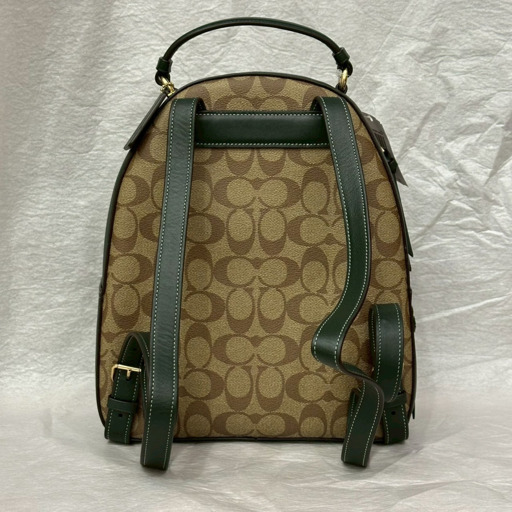 美國 Coach 蔻馳 Jordyn 塗層帆布拼皮革校徽標誌後背包 卡其/亞馬遜綠 CB871-細節圖5