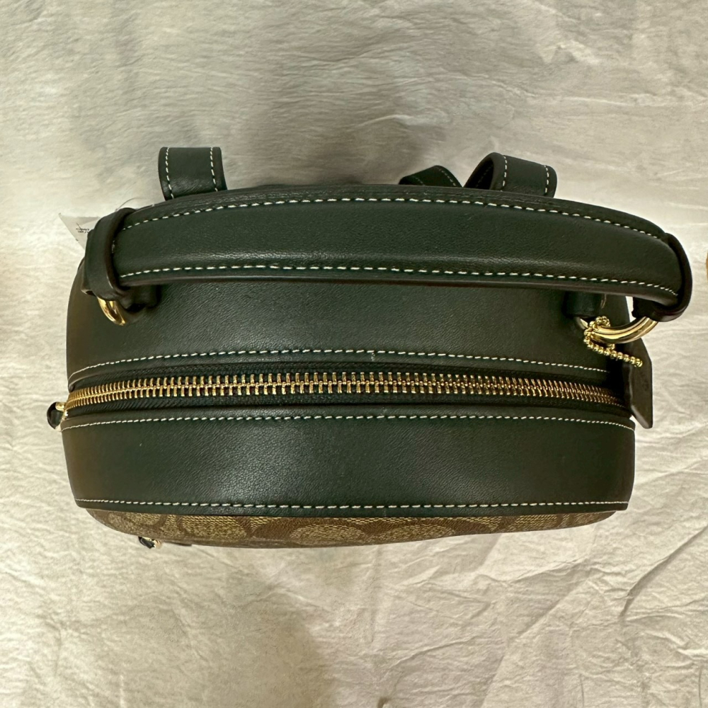 美國 Coach 蔻馳 Jordyn 塗層帆布拼皮革校徽標誌後背包 卡其/亞馬遜綠 CB871-細節圖6