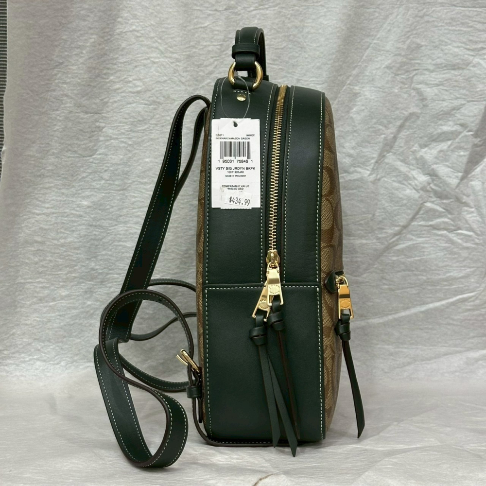 美國 Coach 蔻馳 Jordyn 塗層帆布拼皮革校徽標誌後背包 卡其/亞馬遜綠 CB871-細節圖7