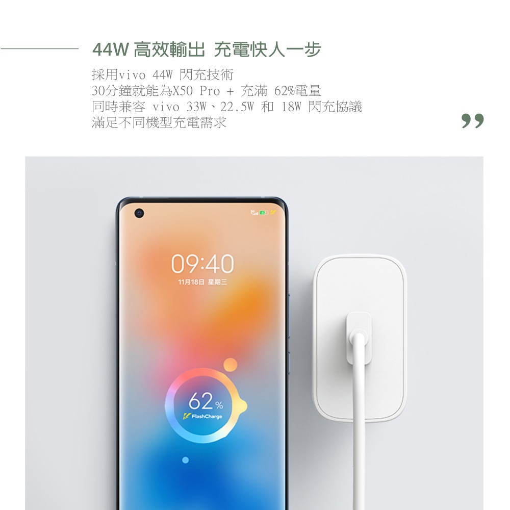 VIVO 原廠認證 44W (11V/4A) 極速超快閃充充電器【台灣盒裝公司貨】-細節圖8