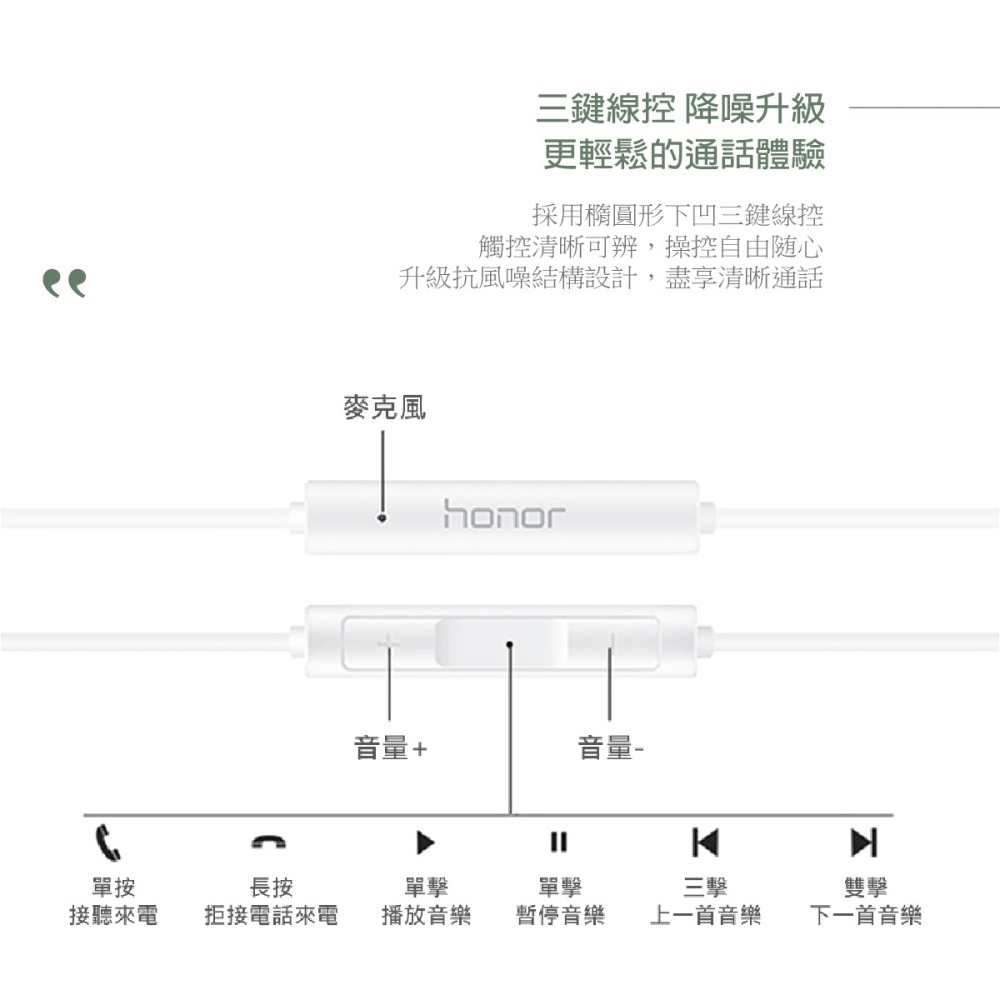 HONOR榮耀 原廠 Type C 半入耳式經典耳機 AM33 - 白 (盒裝)-細節圖8