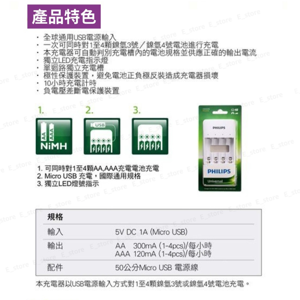 Philips 飛利浦 USB 4槽低自放鎳氫充電器 充電鎳氫電池4入 4槽 USB充電器 高容量 電池充電器-細節圖9