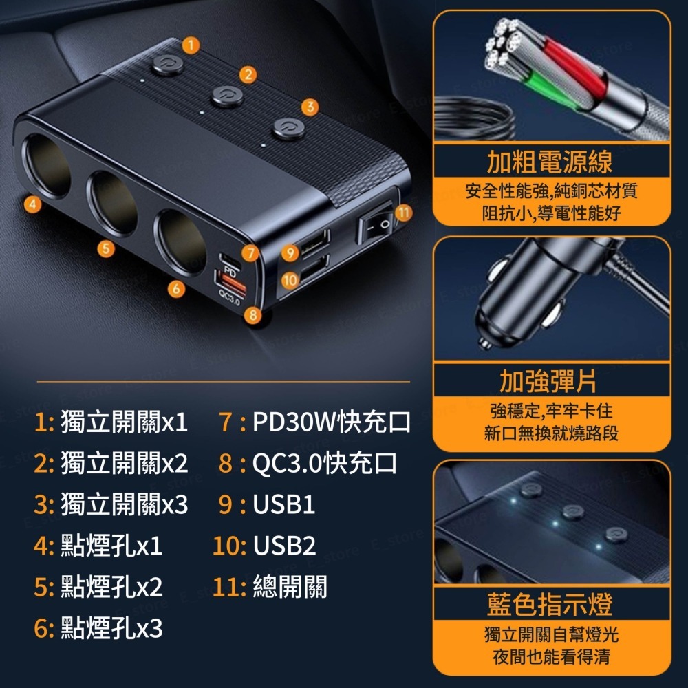 【保固+免運費】一拖三車用點煙器擴充座 車充擴充 點煙孔擴充 PD+QC3.0 快充 點菸器擴充 電壓顯示 獨立開關-細節圖5
