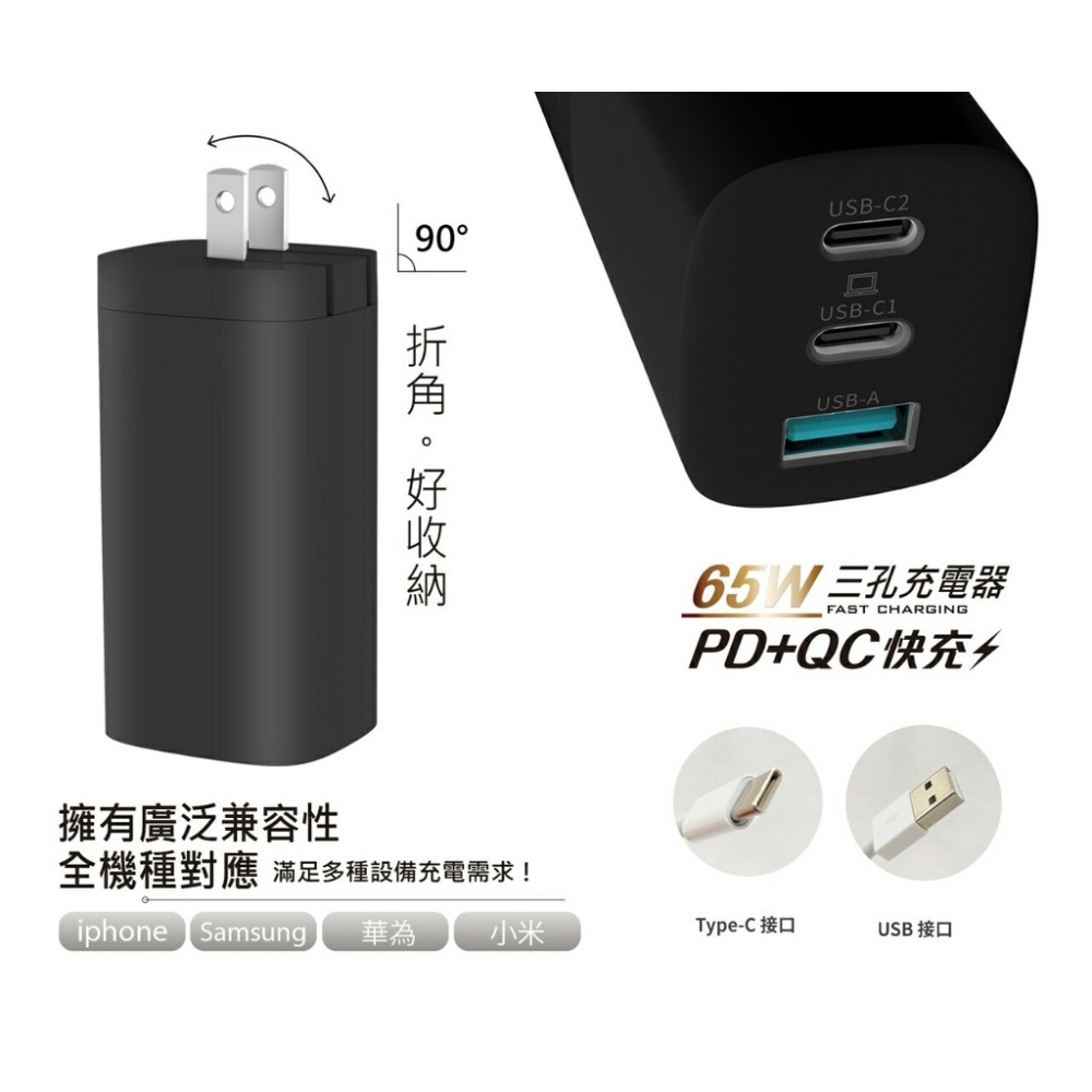 65W GaN氮化鎵 充電器 PD快充頭 筆電充電器 PD充電器 快充頭 65W type c 充電頭 65w三孔充電器-細節圖5