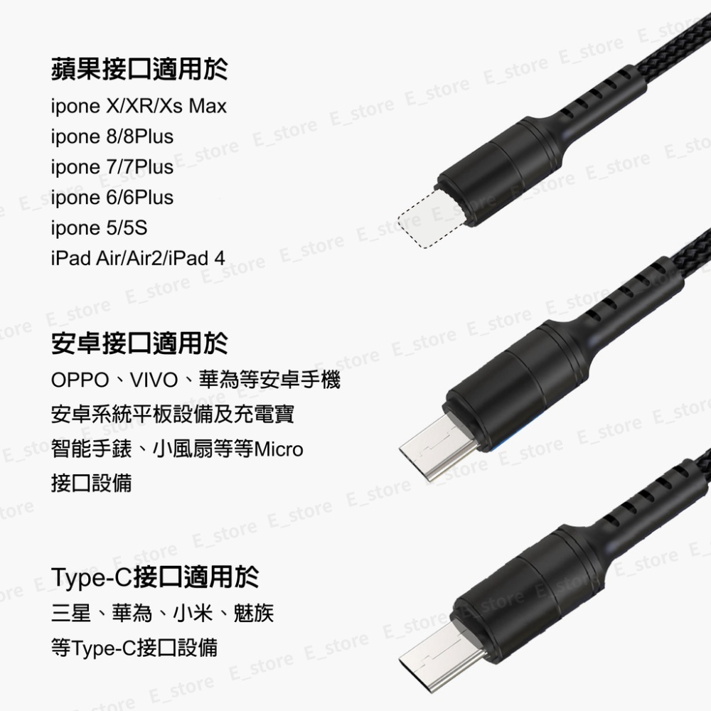 三合一快充線 VOOC閃充 華為 5A快充 充電線 安卓 TYPEC 蘋果 充電線 閃充線 快充線 傳輸線 三合一充電線-細節圖4