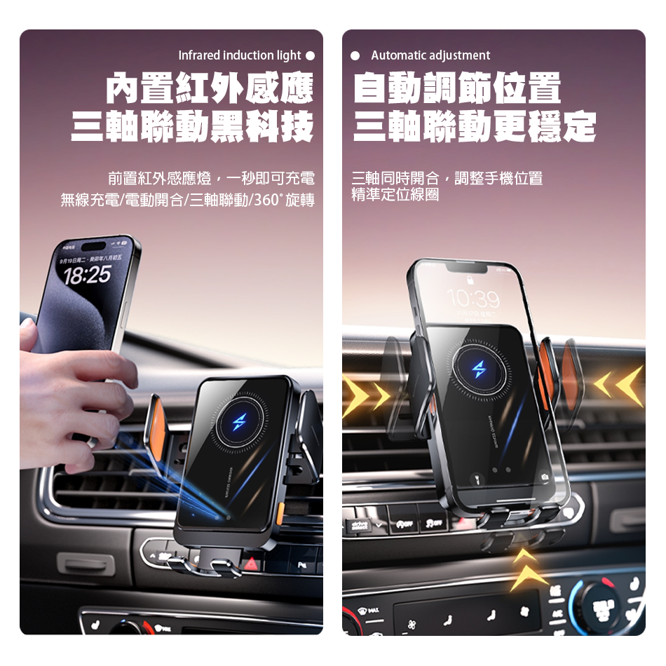 【大手機適用】無線充電手機架 車用手機架 紅外線感應 自動感應開合 三軸穩固支援15W快充 大螢幕手機適用-細節圖9