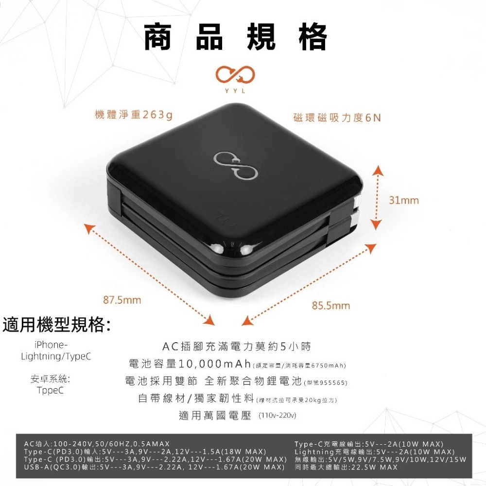 【一年保固】七合一無線充電行動電源 10000mAh 自帶線行充 無線充 多功能 磁吸行充 快充 BSMI認證 航空規範-細節圖9