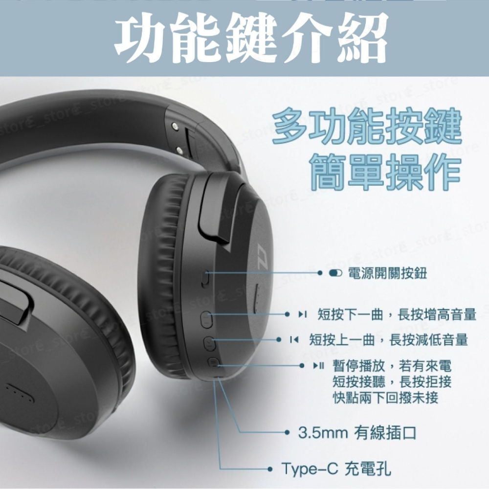 【保固+免運】全罩式藍牙耳機 內建麥克風 Type-C充電 音樂控制鍵 可接音源線 可折疊收納 台灣現貨-細節圖4