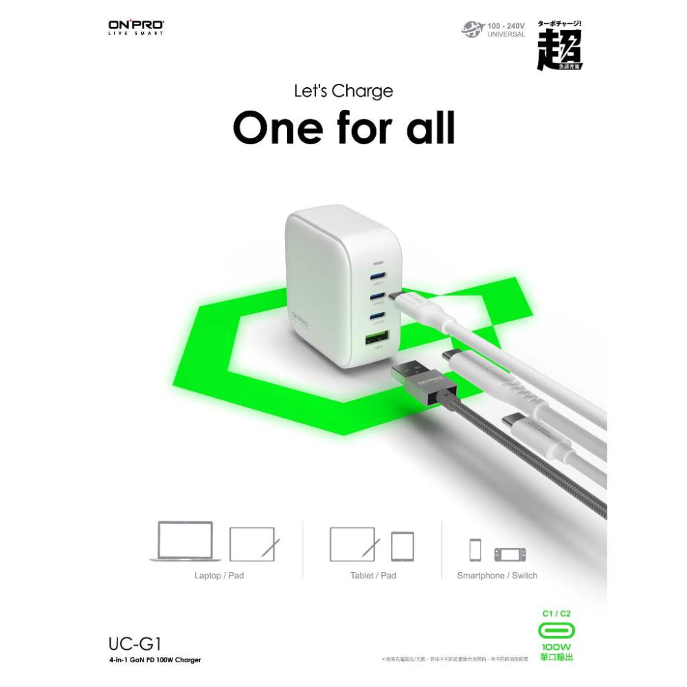 【兩年保固】100W GaN 氮化鎵4孔PD快充充電器+附贈100W快充線 ONPRO UC-G1-細節圖3