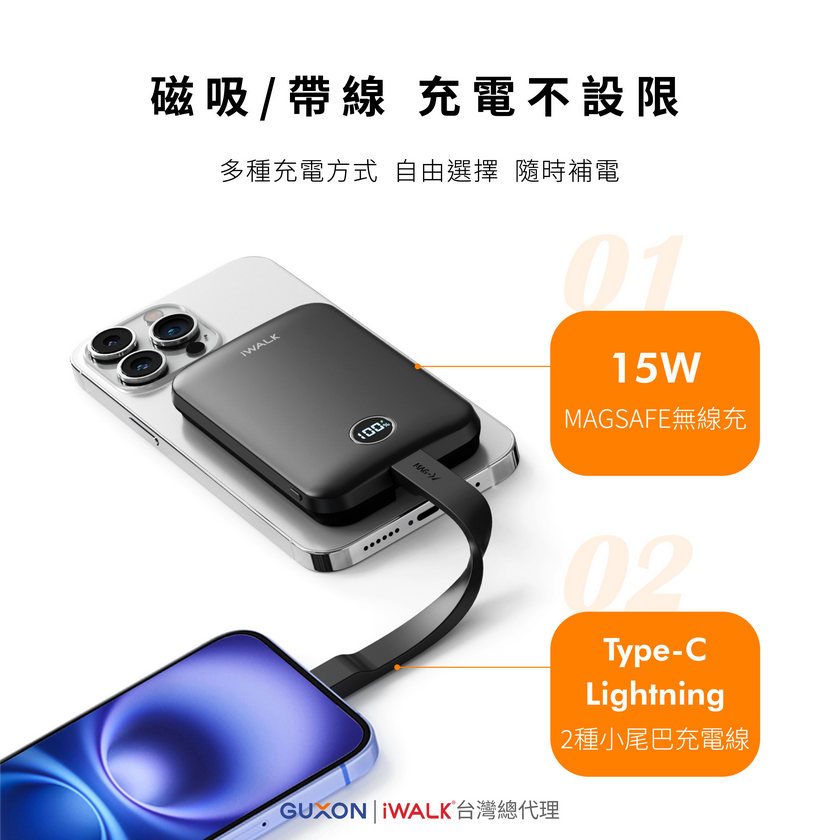 iWALK MAGO 磁吸行動電源 帶線快充 Qi2認證 30W輸出 雙線三輸出 無線磁吸充電 支援iPhone 安卓-細節圖2