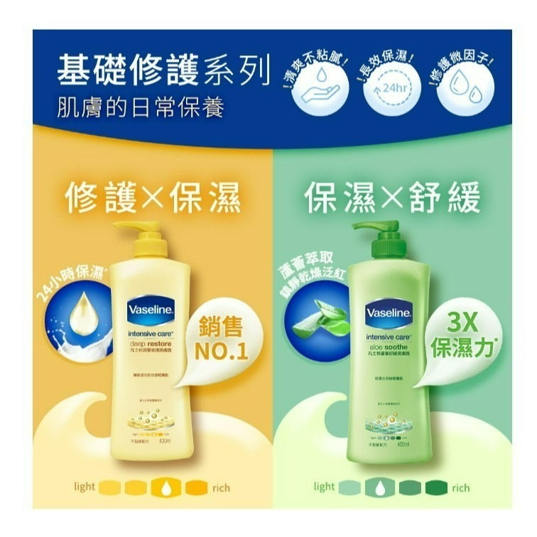 【VASELINE正品附發票】【經典款潤膚露】【4款任選】【深層修護/蘆薈舒緩/專業修護/香薰舒緩】(400ML)-細節圖4