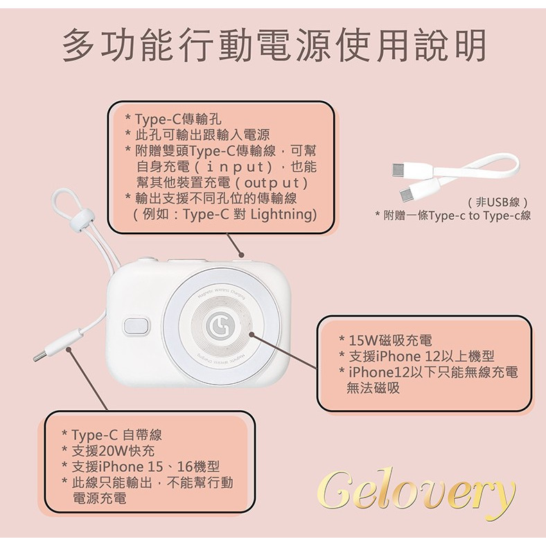 全新 Gelovery 多功能行動電源10000 mAh（白 粉 紫）Type-C線三部裝置。重量200g-細節圖4