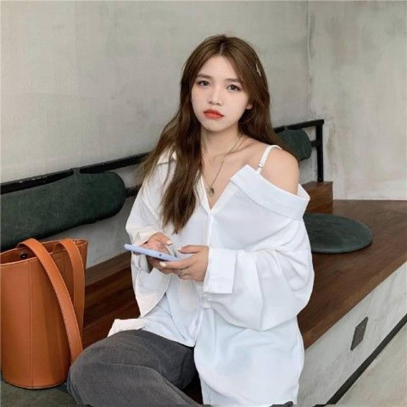 襯衫女秋冬2021女裝新款韓版純色簡約氣質設計感露肩長袖襯衫女性-細節圖6
