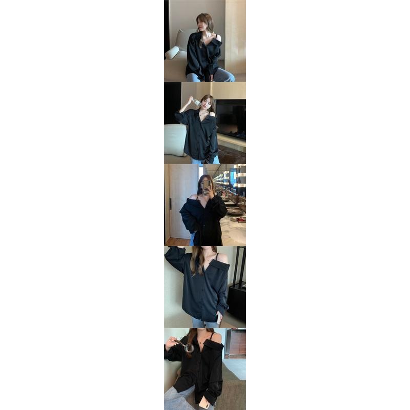 襯衫女秋冬2021女裝新款韓版純色簡約氣質設計感露肩長袖襯衫女性-細節圖9
