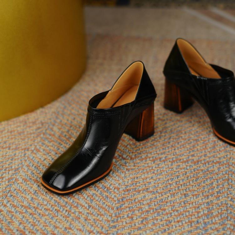 原單單鞋女法式方頭粗跟高跟鞋2021秋季新款牛皮簡約復古墨綠-細節圖7