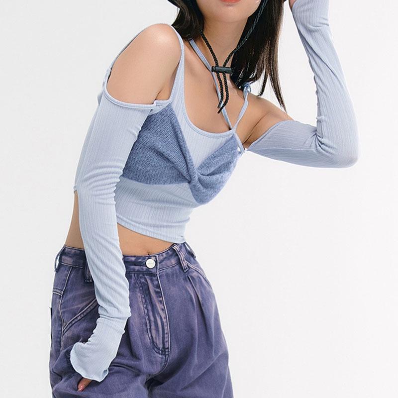 韓國WooHa/吾哈2021秋季新款T恤女露肩不規則吊帶掛脖長袖短款上衣ins-細節圖2