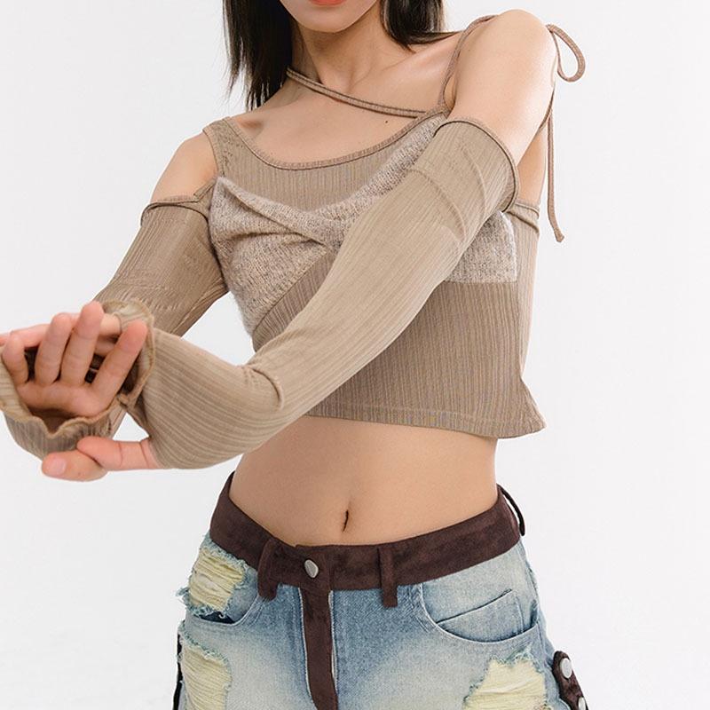 韓國WooHa/吾哈2021秋季新款T恤女露肩不規則吊帶掛脖長袖短款上衣ins-細節圖3