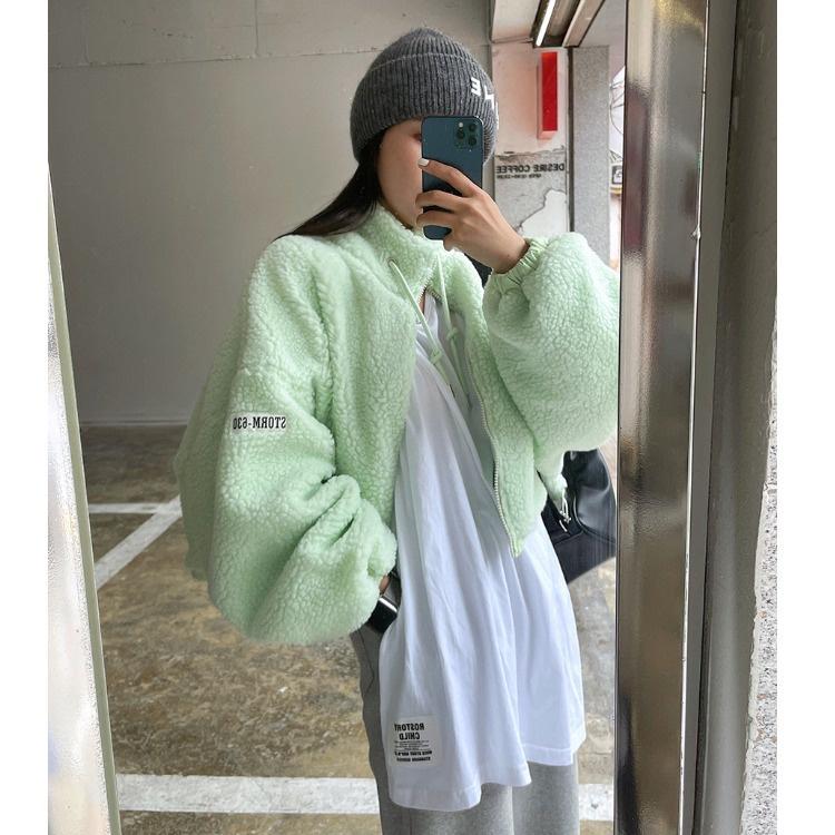 韓國東大門網紅時尚洋氣立領帥氣機車風短款仿羊羔毛毛外套女冬潮-細節圖2