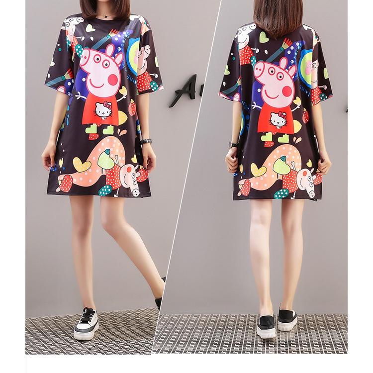 歐洲站2021春夏季泰國潮牌可愛小豬印花短袖睡衣裙寬松中長款T恤-細節圖2