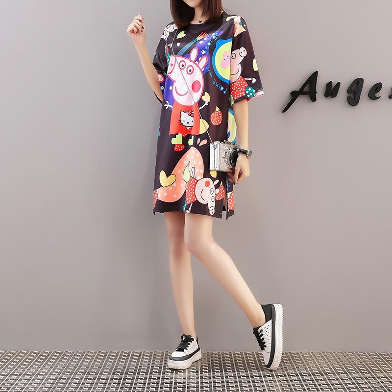 歐洲站2021春夏季泰國潮牌可愛小豬印花短袖睡衣裙寬松中長款T恤-細節圖3