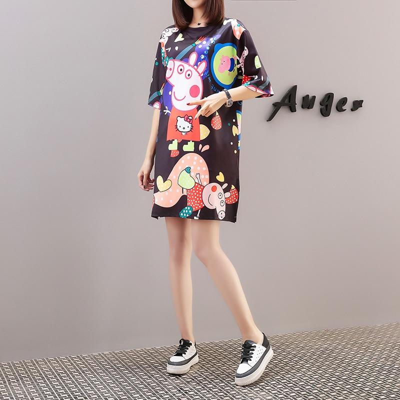 歐洲站2021春夏季泰國潮牌可愛小豬印花短袖睡衣裙寬松中長款T恤-細節圖4