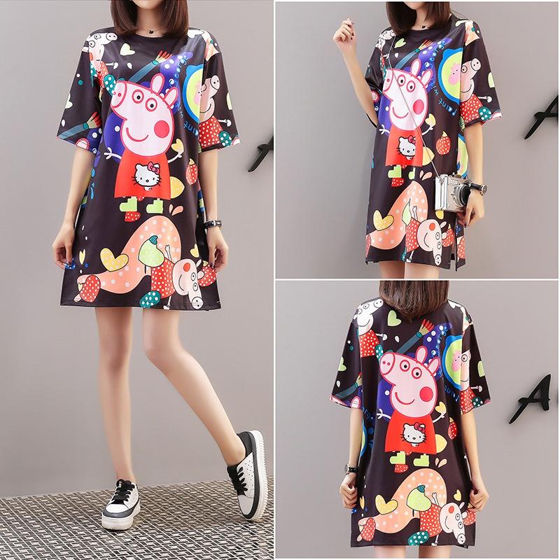 歐洲站2021春夏季泰國潮牌可愛小豬印花短袖睡衣裙寬松中長款T恤-細節圖6