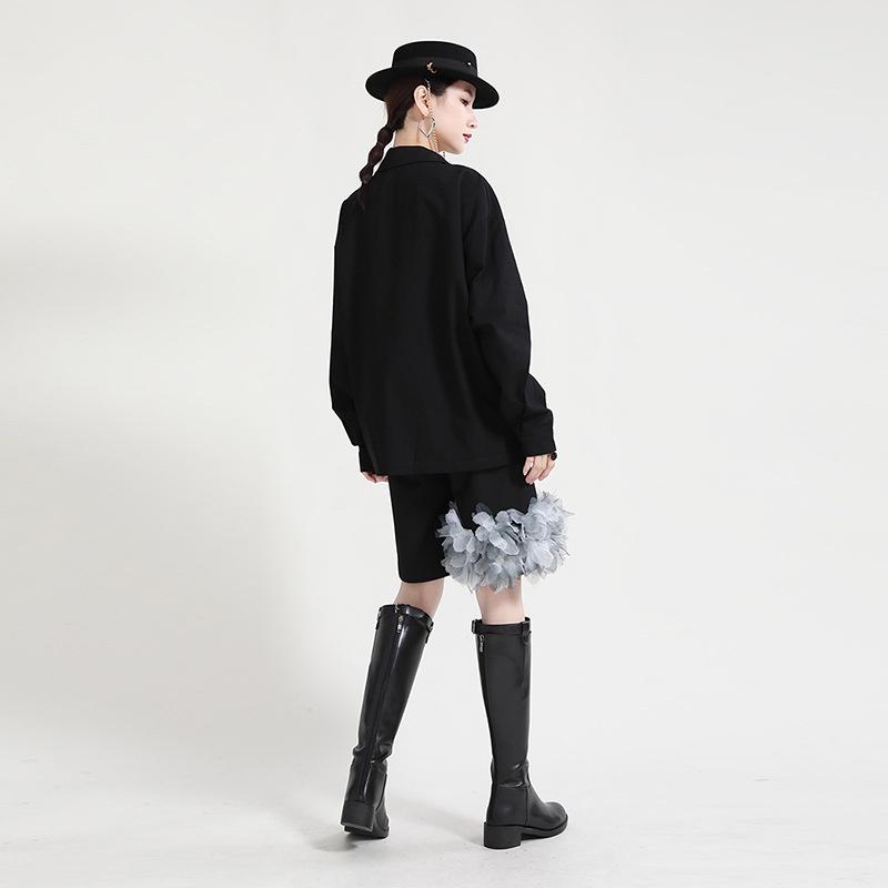 【韓國東大門】 2021秋季新款暗黑風設計感翻領斜排扣不規則門襟長袖襯衫-細節圖4