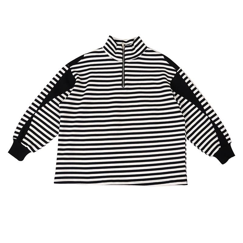 【韓國東大門】2020韓版氣質通勤卷邊棉格子條紋黑色高領套頭秋冬季女裝-細節圖5