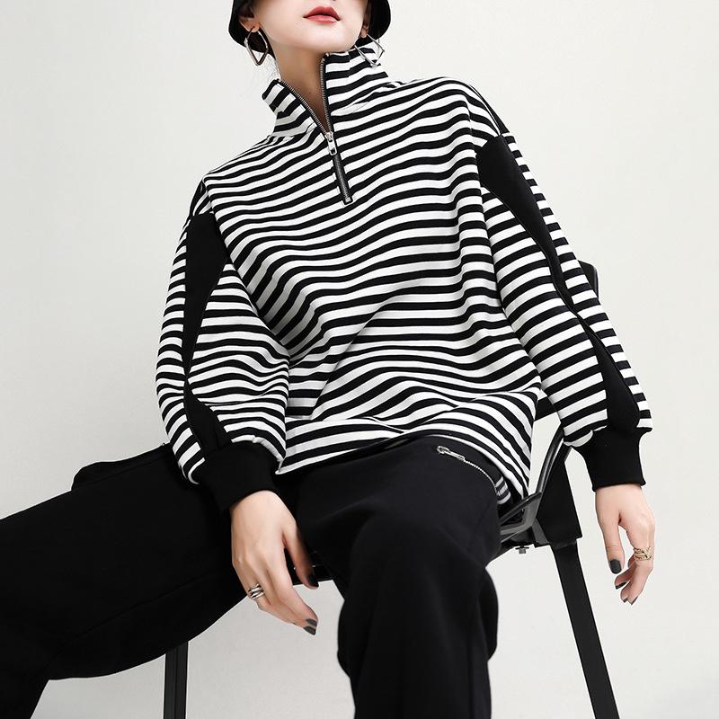 【韓國東大門】2020韓版氣質通勤卷邊棉格子條紋黑色高領套頭秋冬季女裝-細節圖6