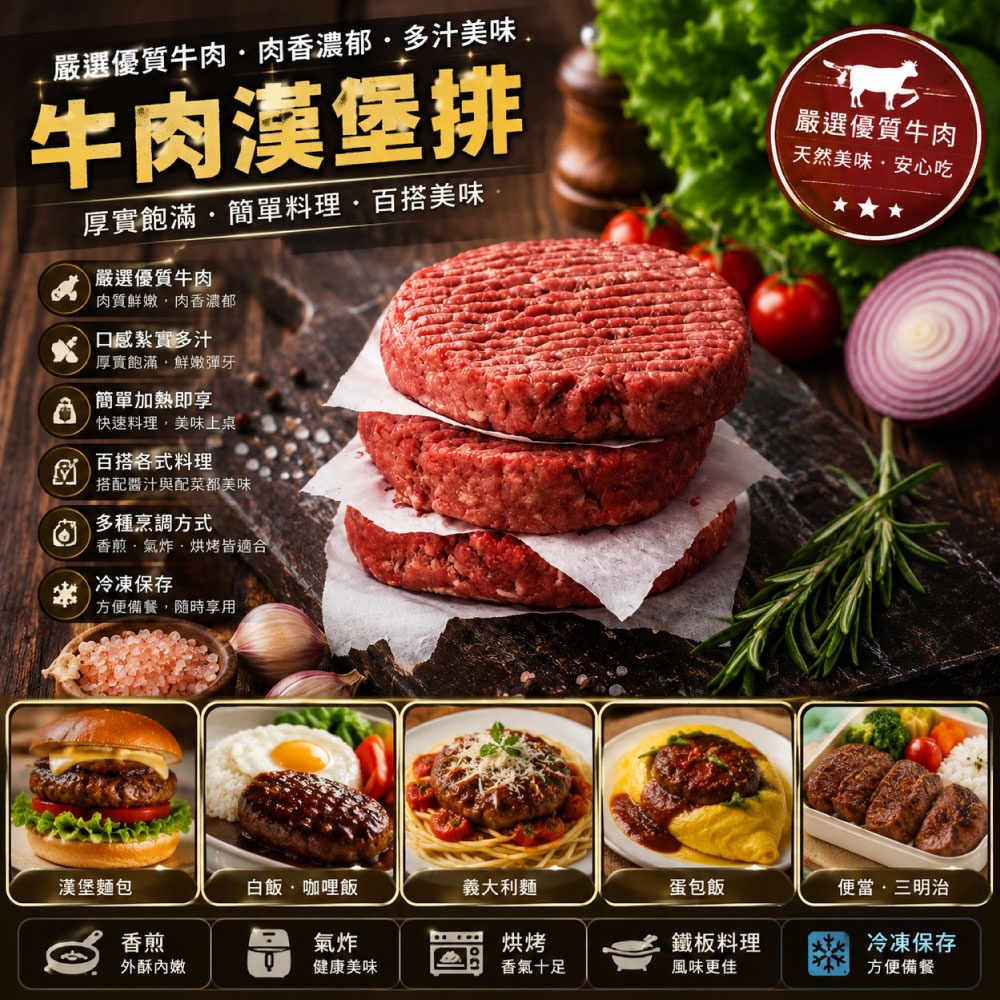 【豪鮮牛肉】美式厚片牛肉漢堡排6片(200g±10%/片)-細節圖2