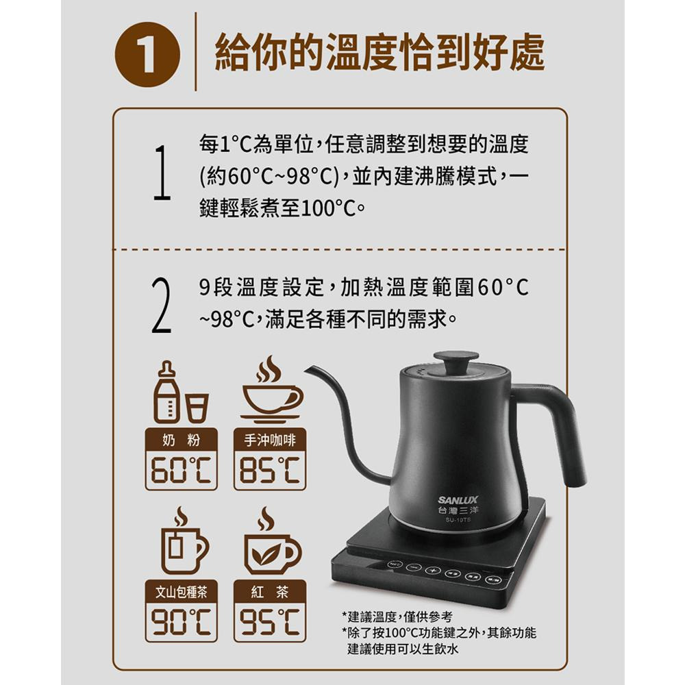 SANLUX 台灣三洋 0.8L 不鏽鋼 電茶壺 電熱水瓶 溫控手沖壺 SU-10TS-細節圖3