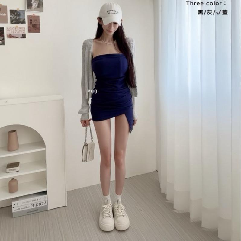 預購-11198 套裝 一見鐘情｜春夏純慾 平口內杯墊 抓褶不對稱 又遮肚 開衩包臀 短洋-細節圖2