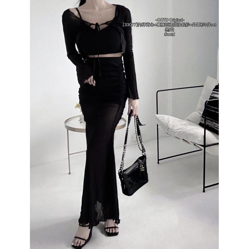 現+預購- Ki.studio 實拍 裝 33077 極致性感 x 氛圍感女神套裝 法式 透視輕紗 罩衫3件套 2色-細節圖3