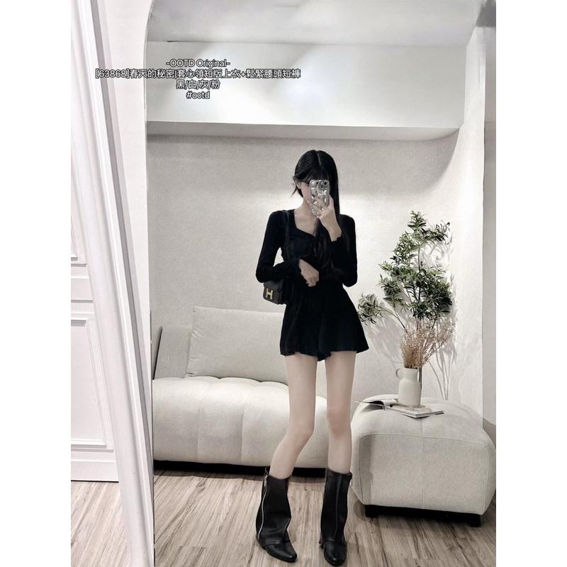 預購- 68368 兩件式套裝 甜美 X 氣質 春日 約會穿搭｜蕾心領 短版上衣 + 顯瘦裙褲 套裝 黑/灰/白/粉-細節圖2