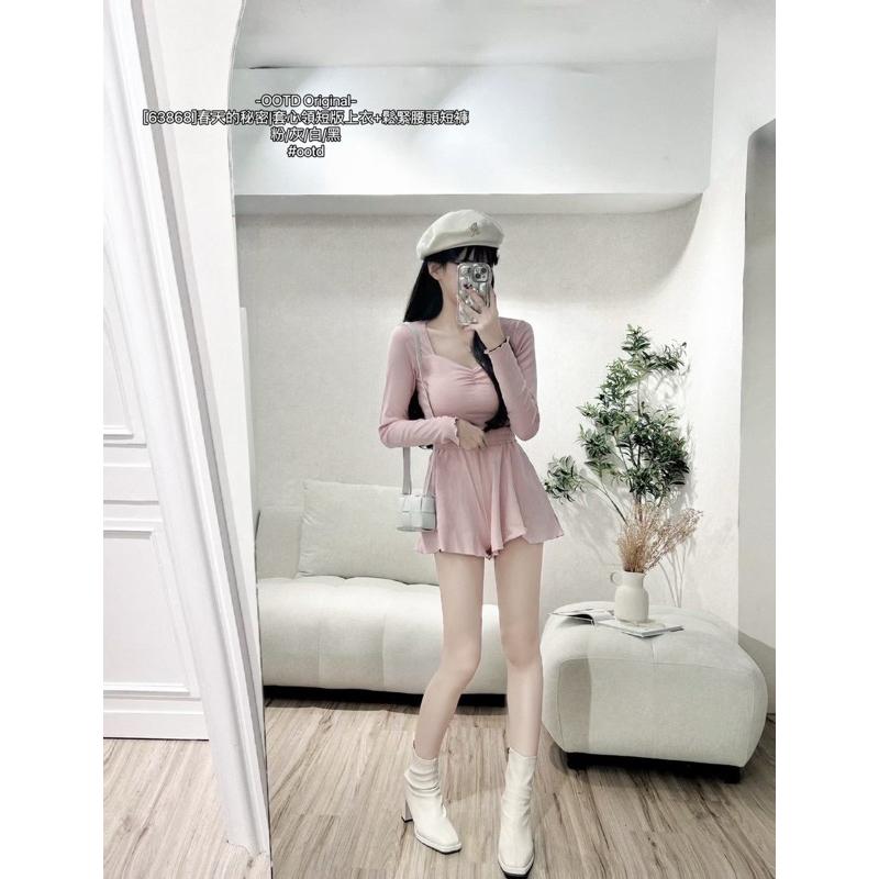 預購- 68368 兩件式套裝 甜美 X 氣質 春日 約會穿搭｜蕾心領 短版上衣 + 顯瘦裙褲 套裝 黑/灰/白/粉-細節圖6