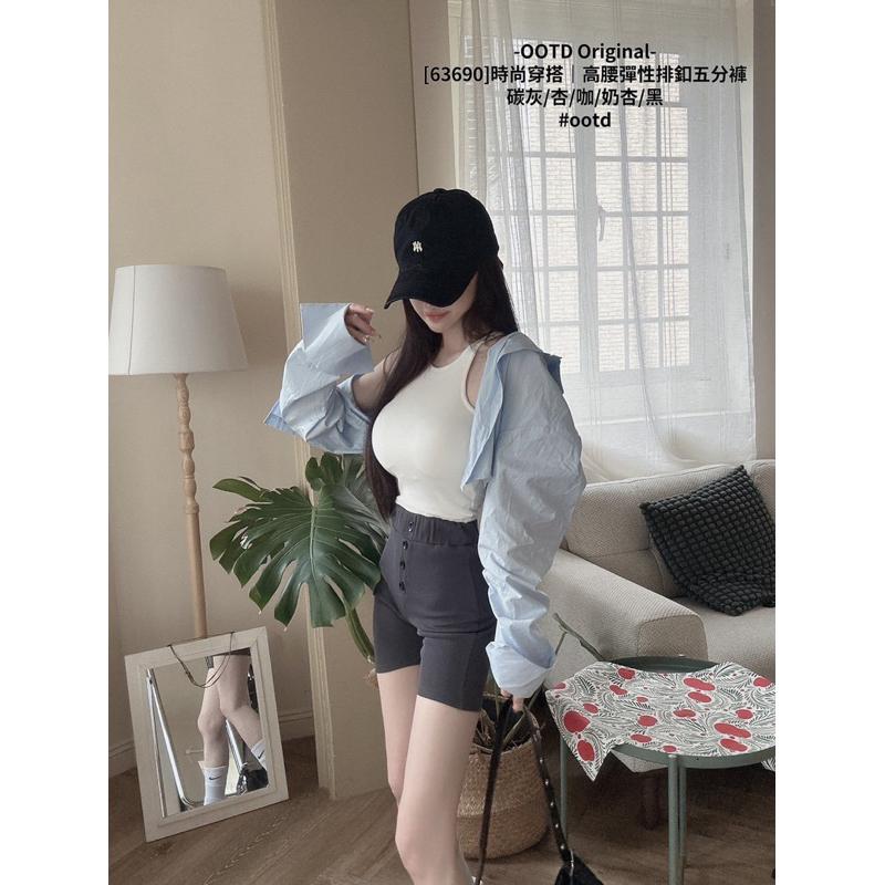 預購- OOTD 63690 簡約時尚 必備穿搭｜高腰彈性 排釦 五分褲 黑/碳灰/杏/咖/奶杏-細節圖3