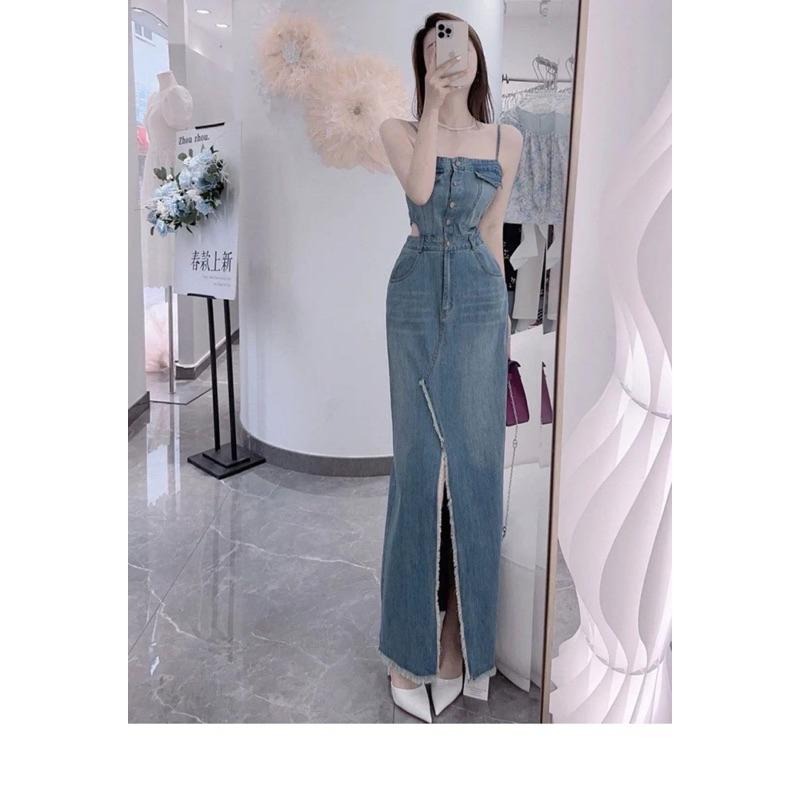 預購-6333 牛仔裙 氣質牛仔風 挖腰開衩 連身裙，性感與時尚兼具❤️ S / M-細節圖2