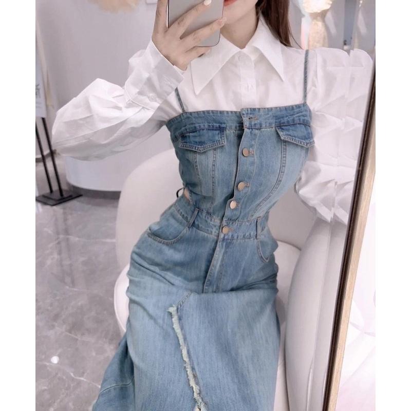 預購-6333 牛仔裙 氣質牛仔風 挖腰開衩 連身裙，性感與時尚兼具❤️ S / M-細節圖3