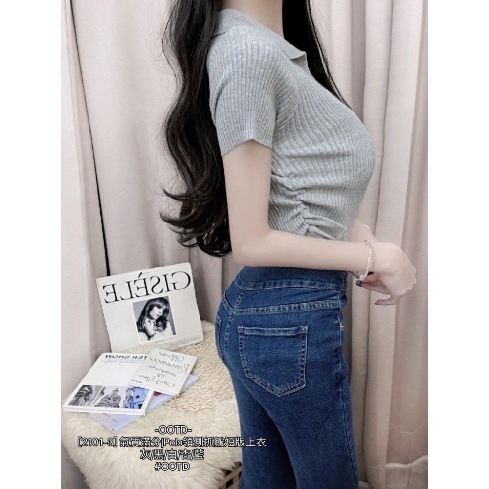 預購- Ki.studio 實拍｜2101-3 上衣 氣質滿分 Polo領 側抓皺 短版 氣質兼時尚 單品 親膚舒適-細節圖3
