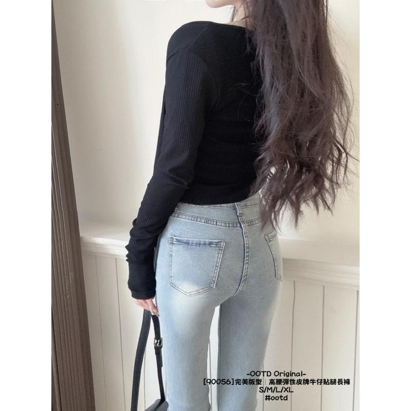 預購- Ki.studio 實拍｜90056 牛仔褲 完美版型 高腰彈性 皮牌 牛仔貼腿 長褲 版型修身 S-XL-細節圖3