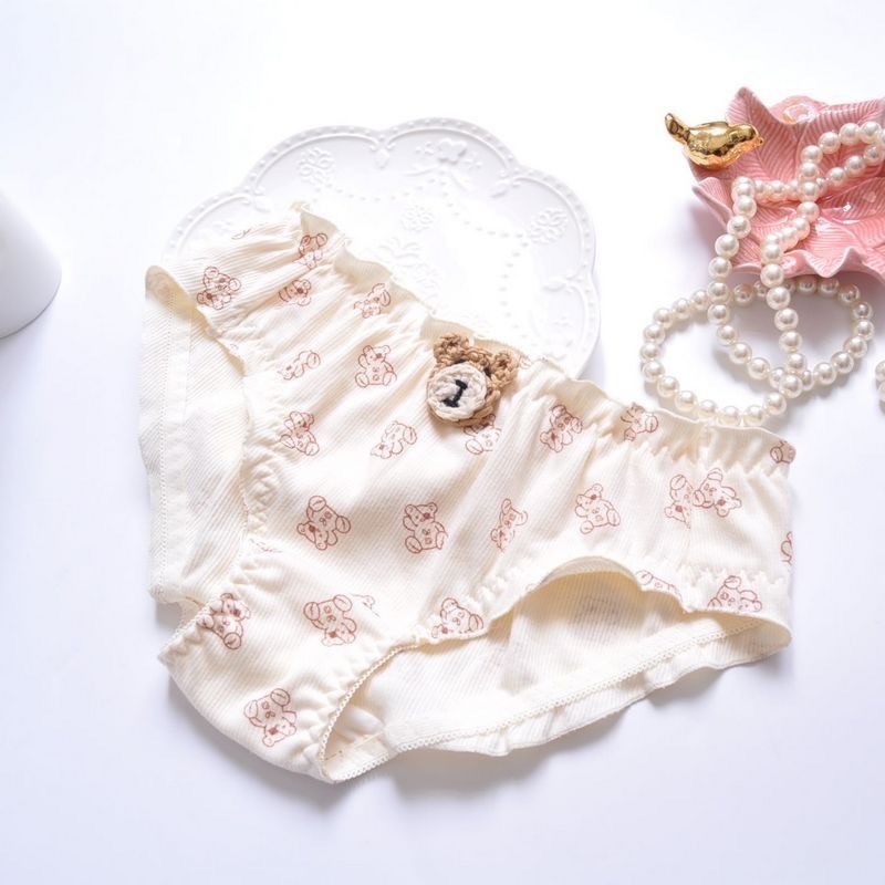 預購 Ki.studio 實拍｜日系小熊🐻 777-1 可愛 高彈坑條棉 荷葉公主 三角 內褲 M-L 2色-細節圖4