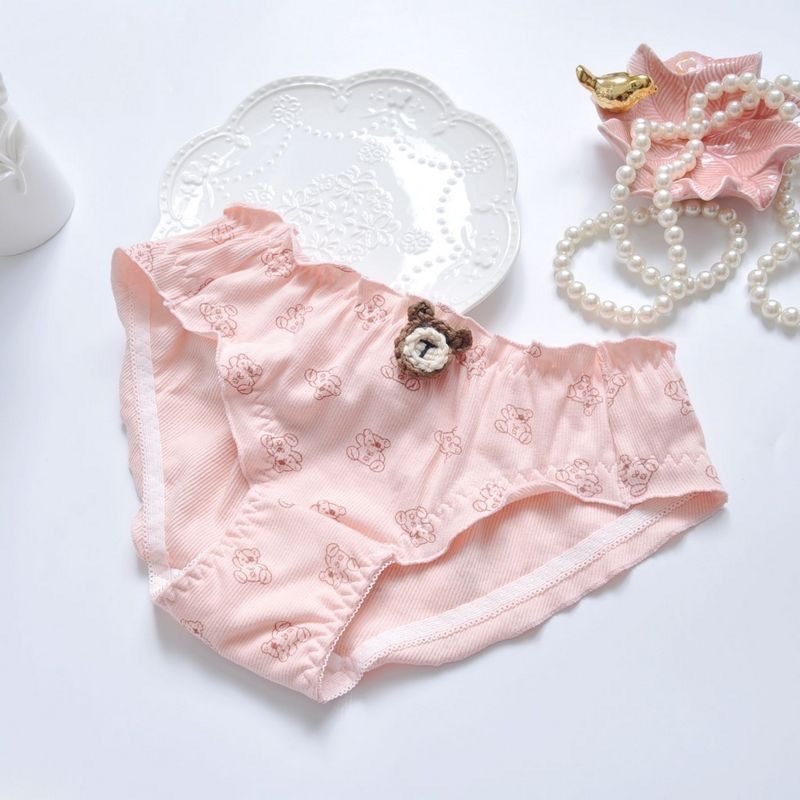 預購 Ki.studio 實拍｜日系小熊🐻 777-1 可愛 高彈坑條棉 荷葉公主 三角 內褲 M-L 2色-細節圖8